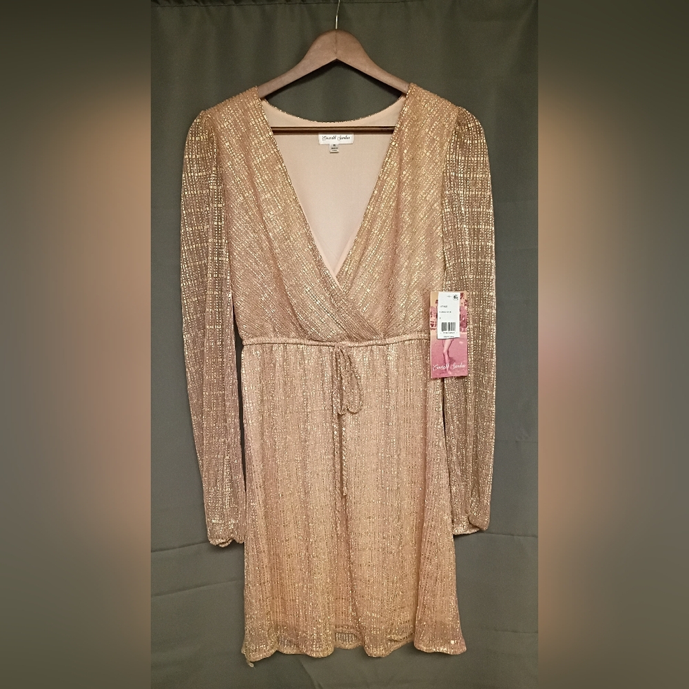 Emerald Sundae Women'a Classic Vneck Elegant Gold Long-Sleeve Dress NWT